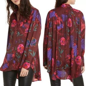 Free People Silky Nights Red Floral Relaxed Fit Button Up Blouse oversized sz S